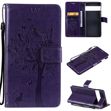 Case cover For Google Pixel 6 Pro Tree &amp; Cat Embossed Pattern Horizontal Flip Leather Case with Holder &amp; Card Slots &amp; Wallet &amp; Lanyard(Purple)