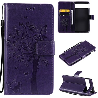 Case cover For Google Pixel 6 Tree &amp; Cat Embossed Pattern Horizontal Flip Leather Case with Holder &amp; Card Slots &amp; Wallet &amp; Lanyard(Purple)