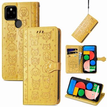Case cover For Google Pixel 5a 5G Lovely Cat and Dog Embossing Pattern Horizontal Flip Leather Case , with Holder &amp; Card Slots &amp; Wallet &amp; Cartoon Clasp &amp; Lanyard(Yellow)