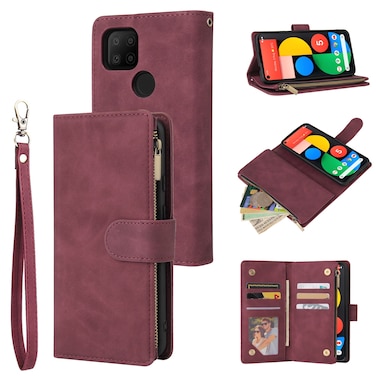 Case cover For Google Pixel 5a 5G Multifunctional Phone Leather Case with Card Slot &amp; Holder &amp; Zipper Wallet &amp; Photo Frame(Wine Red)