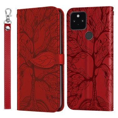 Case cover For Google Pixel 5 Life of Tree Embossing Pattern Horizontal Flip Leather Case with Holder &amp; Card Slot &amp; Wallet &amp; Photo Frame &amp; Lanyard(Red)