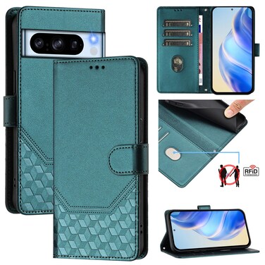 Case cover For Google Pixel 8 Pro Honeycomb Embossing RFID Leather Phone Case(Peacock Green)