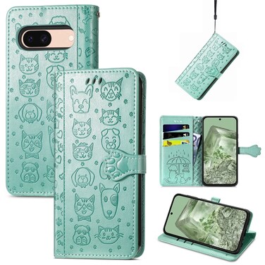 Case cover For Google Pixel 8a Cat and Dog Embossed Leather Phone Case(Green)