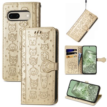 Case cover For Google Pixel 7 Cat and Dog Embossed Leather Phone Case(Gold)
