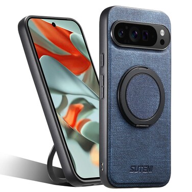 Case cover For Google Pixel 9 Pro XL Suteni G3 360 Rotation Holder MagSafe Denim Leather Back Phone Case(Blue)