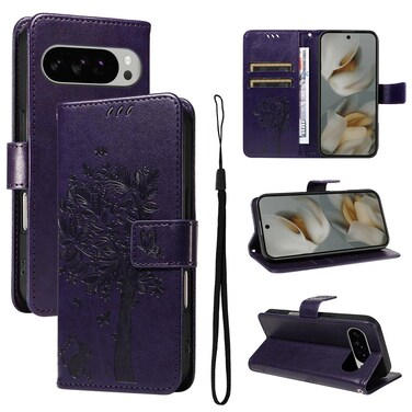 Case cover For Google Pixel 10 Pro XL 5G Global Tree &amp; Cat Embossed Pattern Flip Leather Phone Case(Purple)