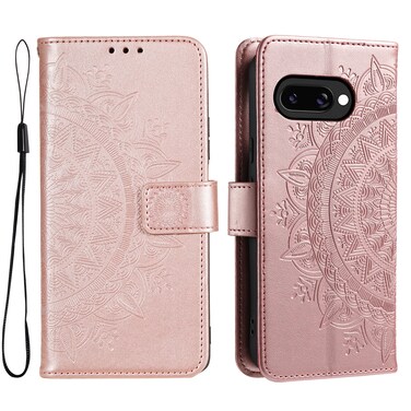 Case cover For Google Pixel 9a Totem Flower Embossed Leather Phone Case with Lanyard(Rose Gold)