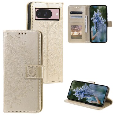 Case cover For Google Pixel 10 / 10 Pro Totem Flower Embossed Leather Phone Case with Lanyard(Gold)