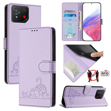 Case cover For Asus ROG Phone 8 Cat Rat Embossed Pattern RFID Leather Phone Case with Lanyard(Purple)