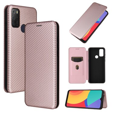 Case cover For alcatel 1S (2021) Carbon Fiber Texture Horizontal Flip TPU + PC + PU Leather Case with Card Slot(Pink)