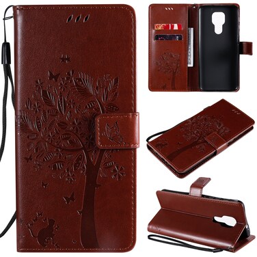 Case cover For Motorola Moto G9 Play Tree &amp; Cat Pattern Pressed Printing Horizontal Flip PU Leather Case with Holder &amp; Card Slots &amp; Wallet &amp; Lanyard(Brown)
