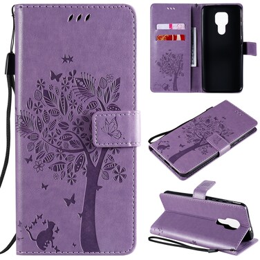 Case cover For Motorola Moto G9 Play Tree &amp; Cat Pattern Pressed Printing Horizontal Flip PU Leather Case with Holder &amp; Card Slots &amp; Wallet &amp; Lanyard(Light Purple)