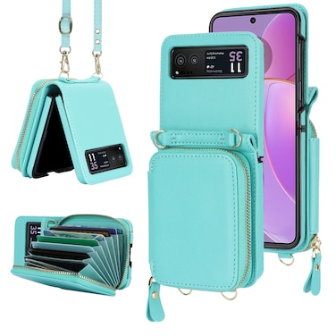 Case cover For Motorola Razr 40 Long and Short Lanyard Zipper Card Slot Foldable Phone Case(Mint Green)
