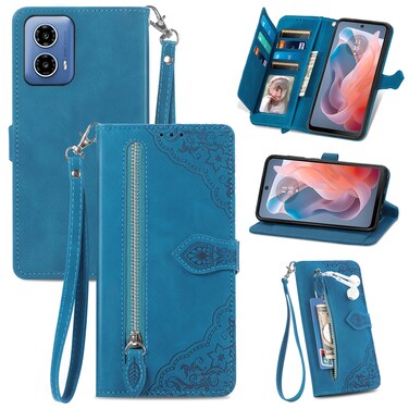 Case cover For Motorola Moto G Play 2024 Embossed Flower Zipper Leather Phone Case(Blue)
