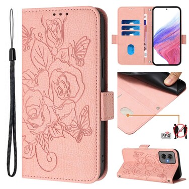Case cover For Motorola Moto G55 Embossed Rose RFID Anti-theft Leather Phone Case(Pink)