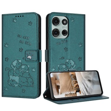 Case cover For Motorola Moto G75 Embossed Kitten Phone Leather Case with Lanyard(Dark Green)