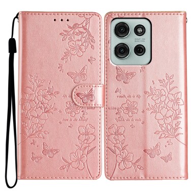 Case cover For Motorola Moto G75 5G Butterflies and Flowers Leather Phone Case(Rose Gold)