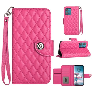 Case cover For Motorola Edge 40 Neo Rhombic Texture Flip Leather Phone Case with Lanyard(Rose Red)