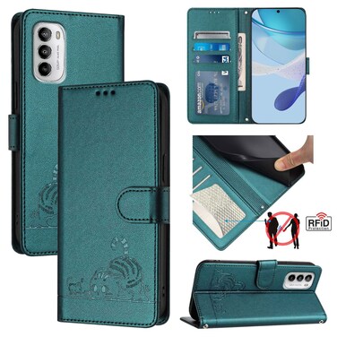 Case cover For Motorola Moto G 5G 2022 Cat Rat Embossed Pattern RFID Leather Phone Case with Lanyard(Peacock Green)
