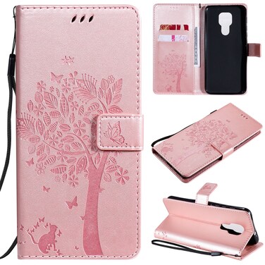 Case cover For Motorola Moto G9 Play Tree &amp; Cat Pattern Pressed Printing Horizontal Flip PU Leather Case with Holder &amp; Card Slots &amp; Wallet &amp; Lanyard(Rose Gold)