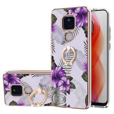 Case cover For Motorola Moto G Play 2021 Electroplating Pattern IMD TPU Shockproof Case with Rhinestone Ring Holder(Purple Flower)