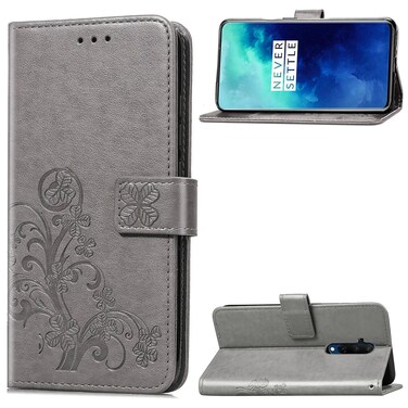 Case cover For One Plus 7T Pro Four-leaf Clasp Embossed Buckle Mobile Phone Protection Leather Case with Lanyard &amp; Card Slot &amp; Wallet &amp; Bracket Function(Gray)