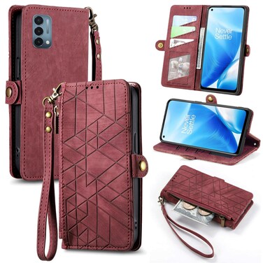 Case cover For OnePlus Nord N200 5G Geometric Zipper Wallet Side Buckle Leather Phone Case(Red)