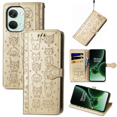 Case cover For OnePlus Nord 3 Cat and Dog Embossed Leather Phone Case(Gold)