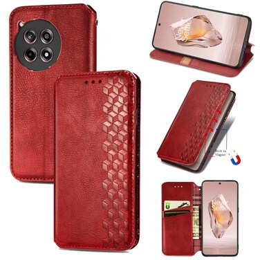 Case cover For OnePlus Ace 3 Cubic Grid Pressed Magnetic Leather Phone Case(Red)