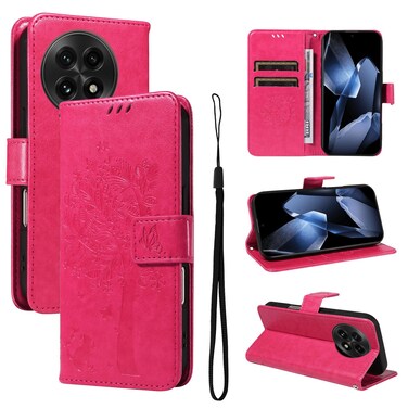 Case cover For OnePlus 13 Tree &amp; Cat Embossed Pattern Flip Leather Phone Case(Rose Red)