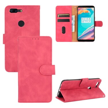 Case cover For OnePlus 5T Solid Color Skin Feel Magnetic Buckle Horizontal Flip Calf Texture PU Leather Case with Holder &amp; Card Slots &amp; Wallet(Rose Red)