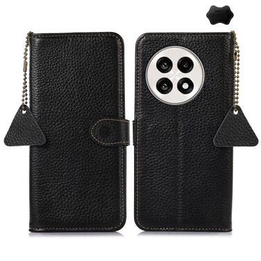 Case cover For OnePlus Ace 5 / 13R 5G Genuine Leather Litchi Texture RFID Leather Phone Case(Black)