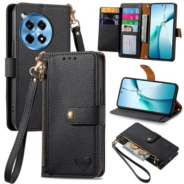Case cover For OnePlus Ace 3 Pro Love Zipper Lanyard Leather Phone Case(Black)