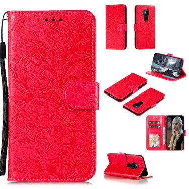 Case cover For Nokia 5.3 Lace Flower Embossing Pattern Horizontal Flip Leather Case , with Holder &amp; Card Slots &amp; Wallet &amp; Photo Frame &amp; Lanyard(Red)