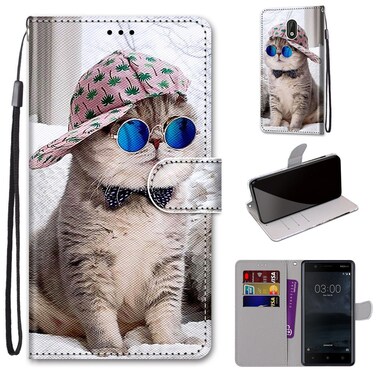 Case cover For Nokia 3 Coloured Drawing Cross Texture Horizontal Flip PU Leather Case with Holder &amp; Card Slots &amp; Wallet &amp; Lanyard(Slant Hat Blue Mirror Cat)