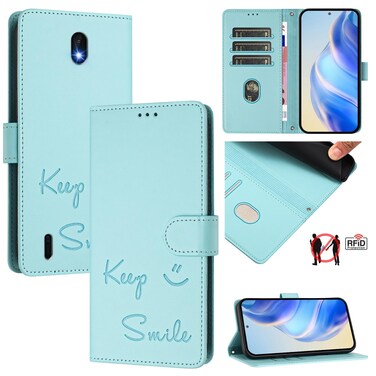 Case cover For Nokia C01 Plus / C1 2nd Edition Smile Embossing RFID Leather Phone Case(Mint Green)
