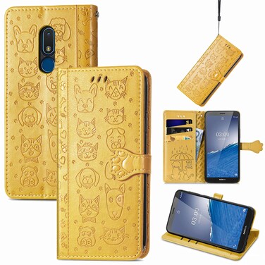Case cover For Nokia C3 Cute Cat and Dog Embossed Flip Leather Phone Case(Yellow)