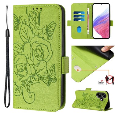 Case cover For Infinix Hot 30i Embossed Rose RFID Anti-theft Leather Phone Case(Green)