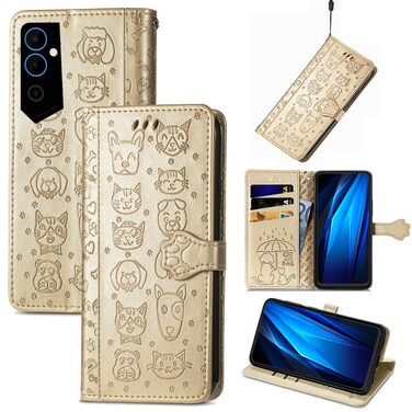 Case cover For Tecno Pova Neo 2 Cat and Dog Embossed Leather Phone Case(Gold)