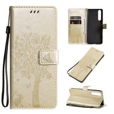 Case cover For Sony Xperia 1 II Tree &amp; Cat Pattern Pressed Printing Horizontal Flip PU Leather Case with Holder &amp; Card Slots &amp; Wallet &amp; Lanyard(Gold)