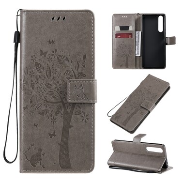 Case cover For Sony Xperia 1 II Tree &amp; Cat Pattern Pressed Printing Horizontal Flip PU Leather Case with Holder &amp; Card Slots &amp; Wallet &amp; Lanyard(Grey)