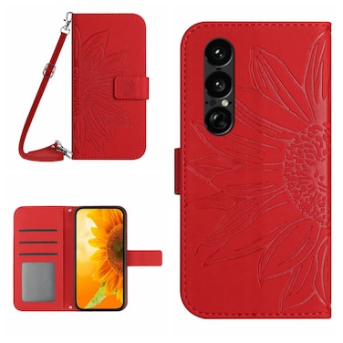 Case cover For Sony Xperia 1 VII Skin Feel Sun Flower Embossed Flip Leather Phone Case with Lanyard(Red)
