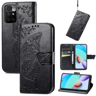Case cover Butterfly Love Flowers Embossed Horizontal Flip Leather Case with Holder &amp; Card Slots &amp; Wallet &amp; Lanyard For Xiaomi Redmi 10(Black)