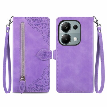 Case cover For Xiaomi Poco M6 Pro 4G Embossed Flower Zipper Leather Phone Case(Purple)