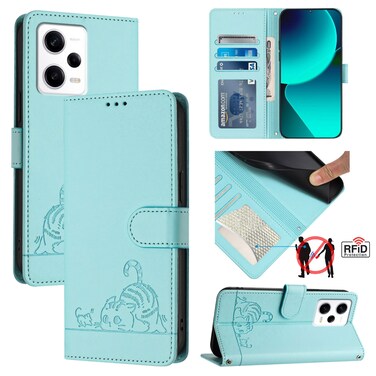 Case cover For Xiaomi POCO X5 Pro Cat Rat Embossed Pattern RFID Leather Phone Case with Lanyard(Mint Green)