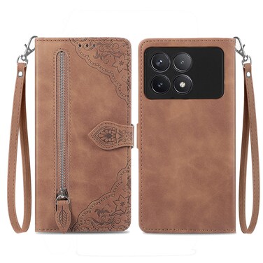 Case cover For Xiaomi Redmi K70 Embossed Flower Zipper Leather Phone Case(Brown)