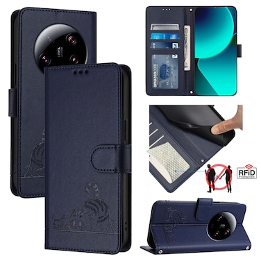 Case cover For Xiaomi 13 Ultra Cat Rat Embossed Pattern RFID Leather Phone Case with Lanyard(Blue)