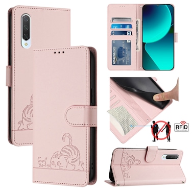 Case cover For Xiaomi Mi CC9 / 9 Lite Cat Rat Embossed Pattern RFID Leather Phone Case with Lanyard(Pink)