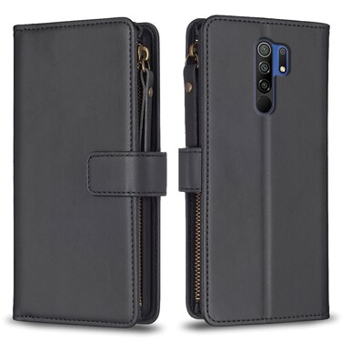 Case cover For Xiaomi Redmi 9 9 Card Slots Zipper Wallet Leather Flip Phone Case(Black)
