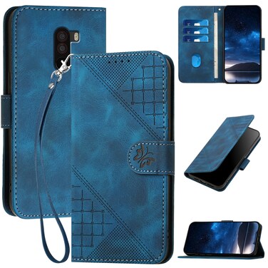 Case cover For Xiaomi Pocophone F1 YX0080 Grid Butterfly Embossed Pattern Leather Phone Case with Lanyard(Dark Blue)